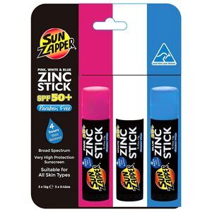 Sun Zapper Zinc Oxide Sunscreen Stick, SPF 50+ Waterproof, 3 Pack